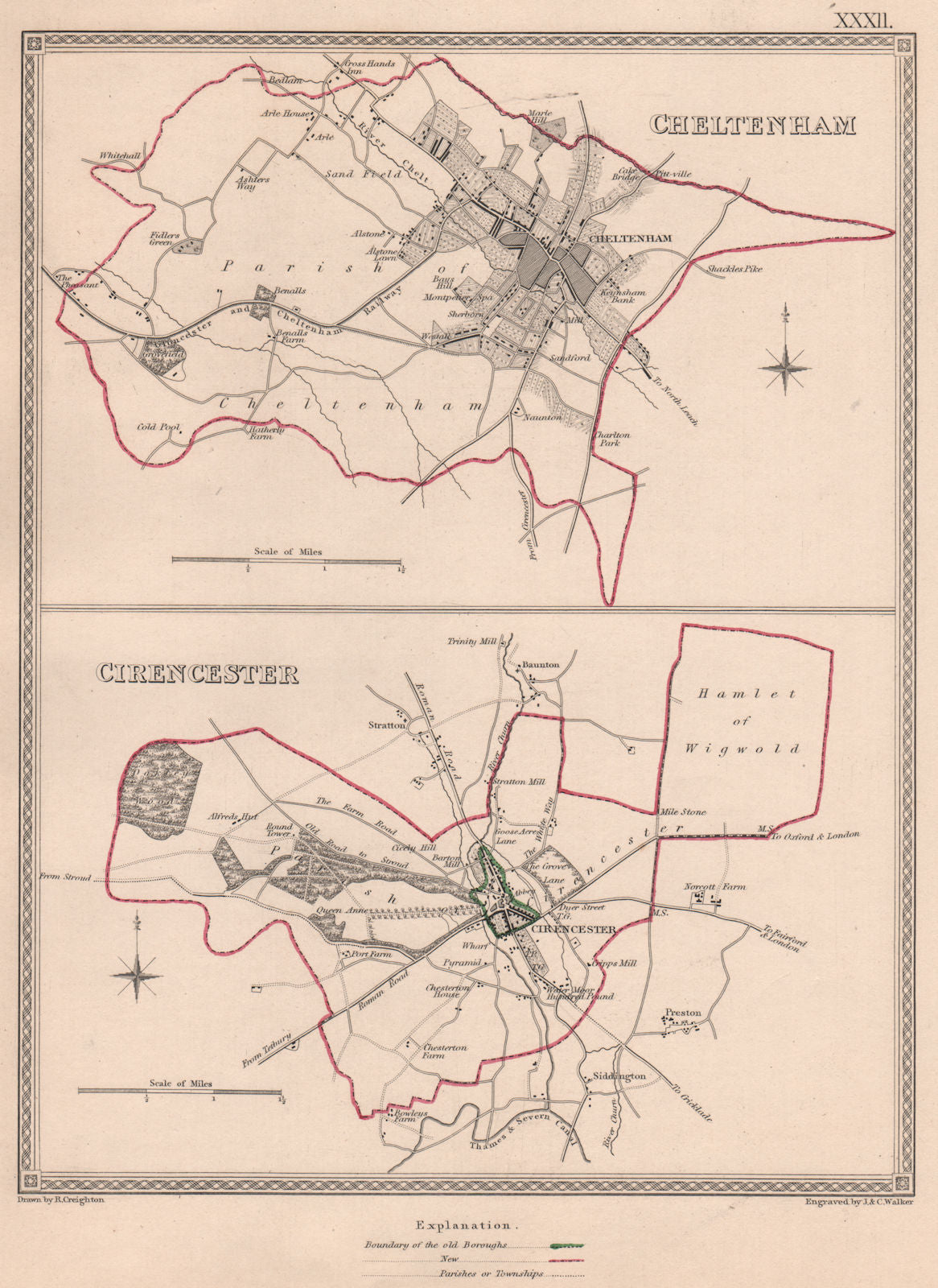 GLOUCESTERSHIRE TOWNS. Cheltenham Cirencester plans. CREIGHTON/WALKER 1835 map